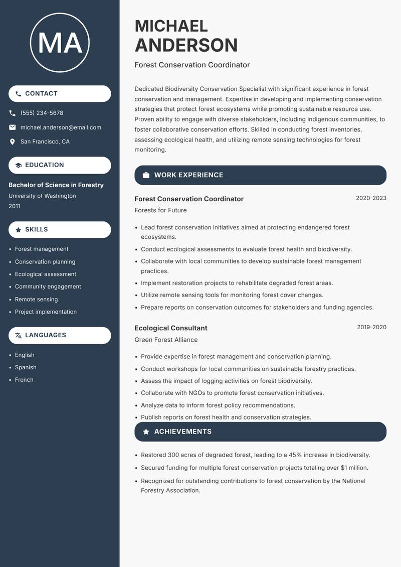 Biodiversity Conservation Specialist resume sample — Forest Conservation Coordinator focus