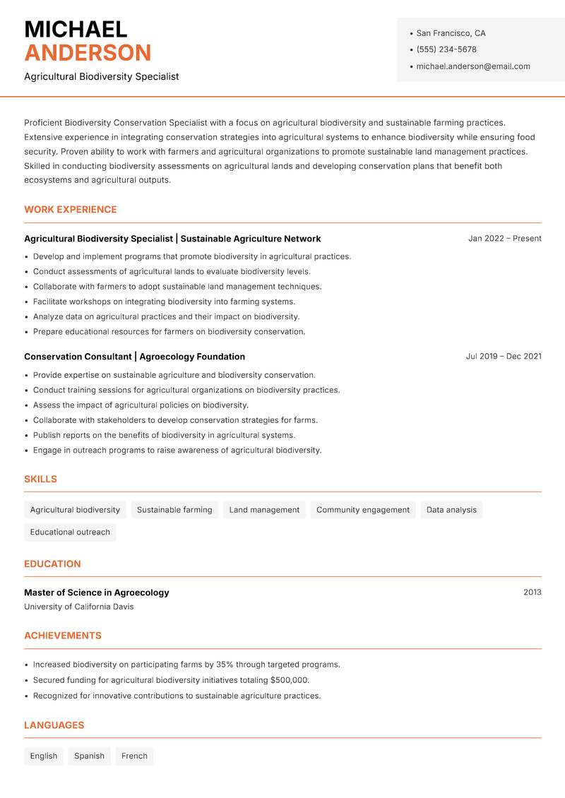 Biodiversity Conservation Specialist resume sample — Agricultural Biodiversity Specialist focus