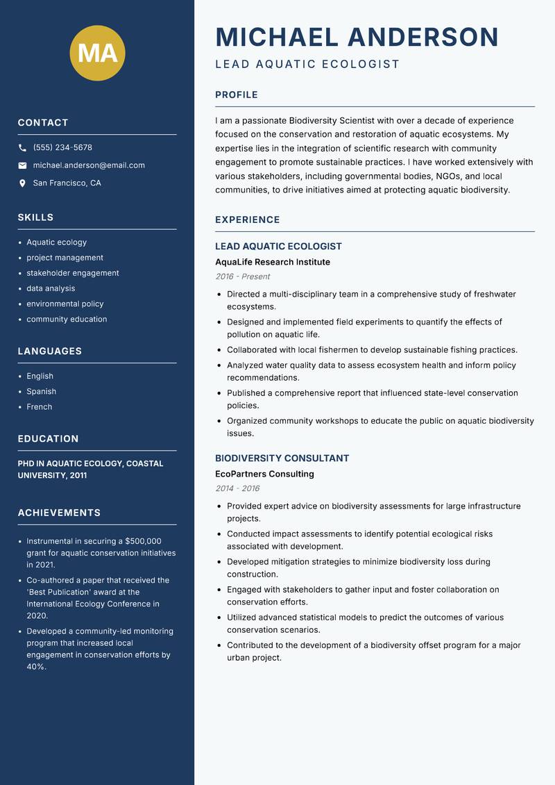 Biodiversity Scientist resume sample — Lead Aquatic Ecologist focus