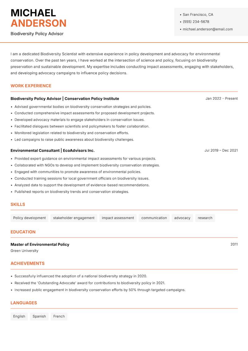 Biodiversity Scientist resume sample — Biodiversity Policy Advisor focus