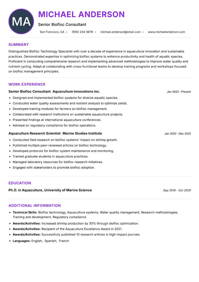 Biofloc Technology Specialist resume example