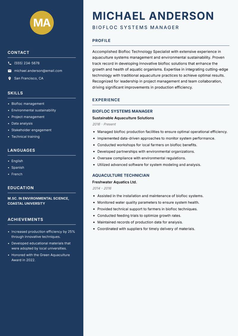 Biofloc Technology Specialist resume sample — Biofloc Systems Manager focus