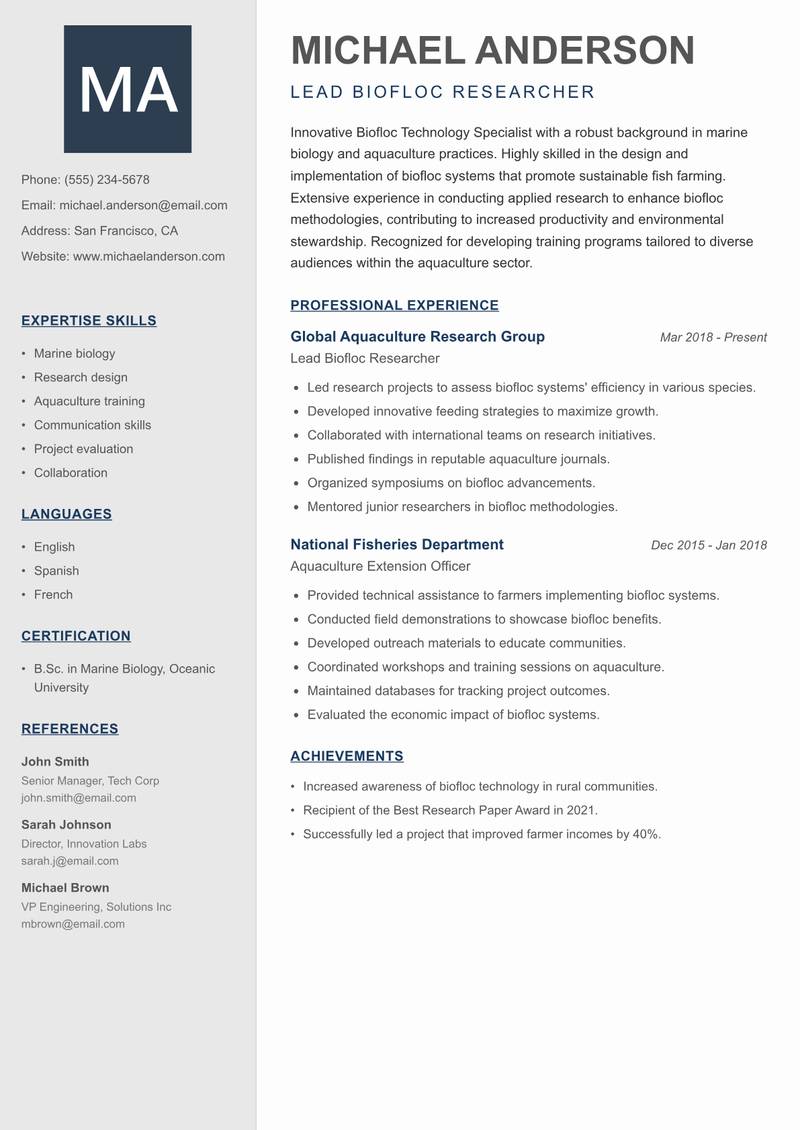 Biofloc Technology Specialist resume sample — Lead Biofloc Researcher focus
