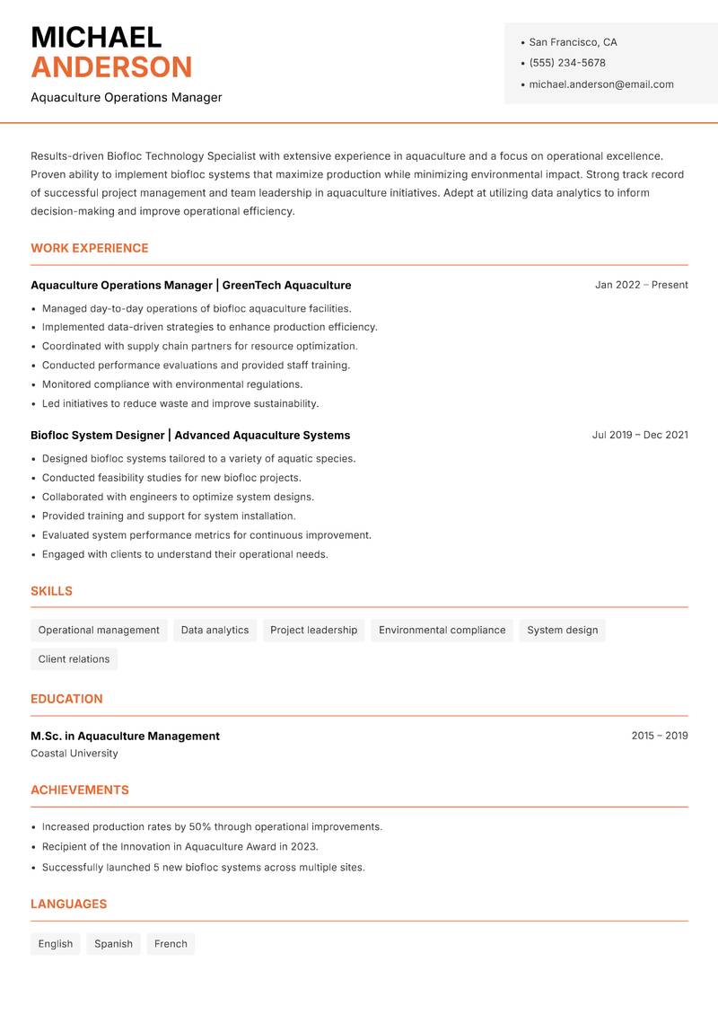 Biofloc Technology Specialist resume sample — Aquaculture Operations Manager focus