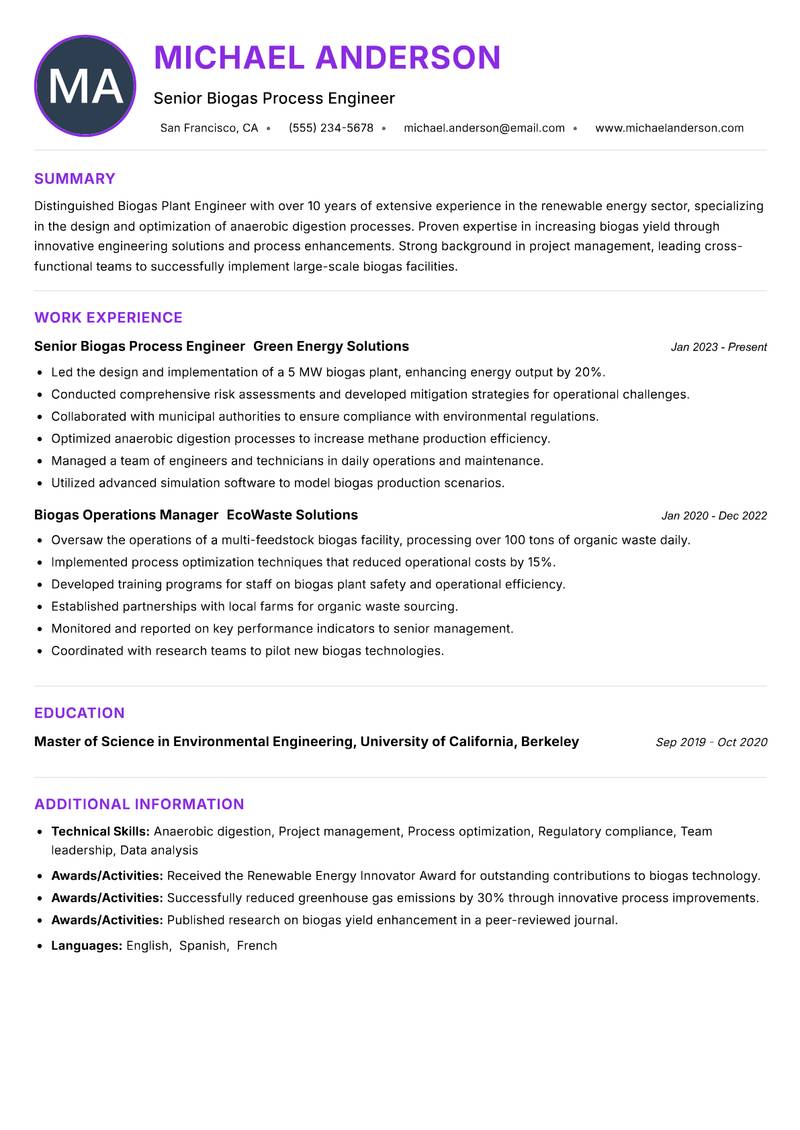 Biogas Plant Engineer resume example — Renewable Energy