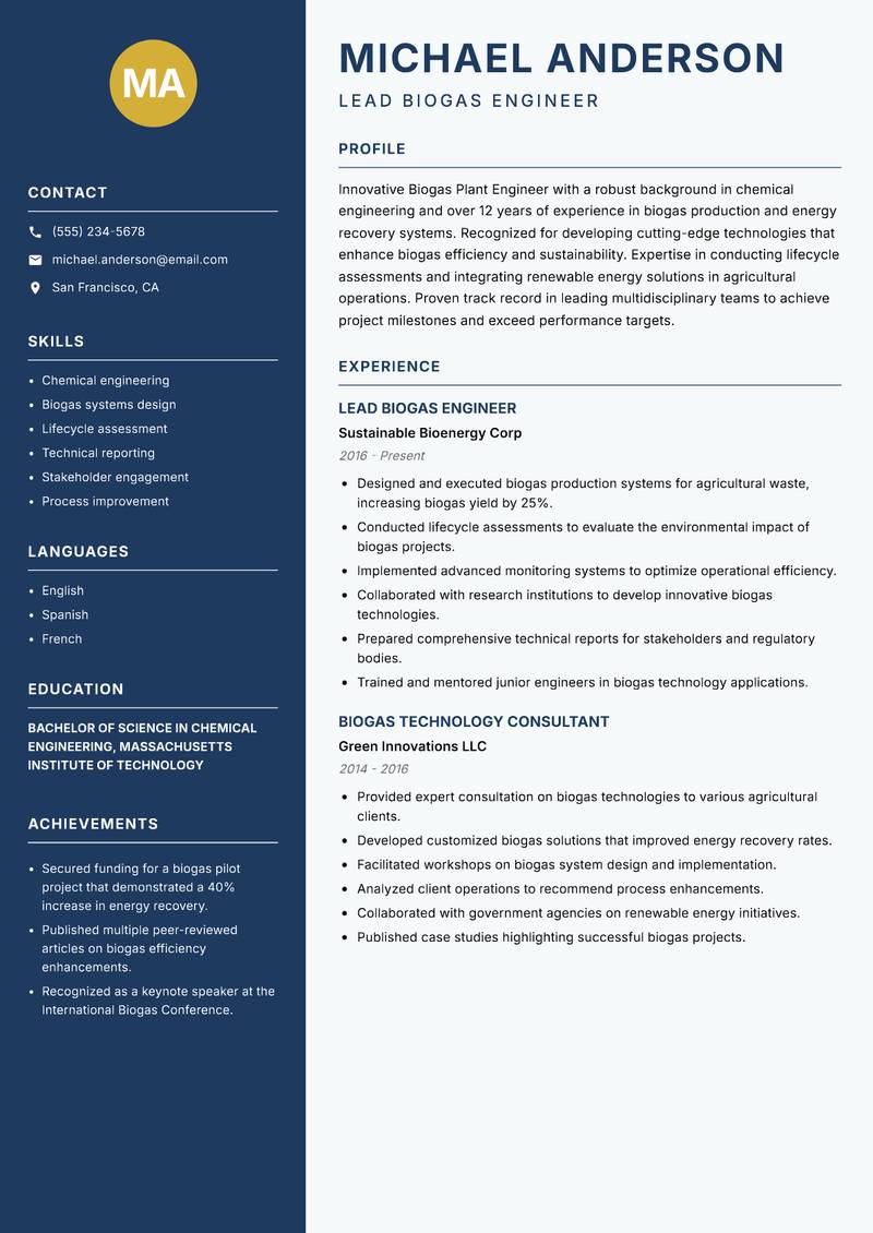 Biogas Plant Engineer resume sample — Lead Biogas Engineer focus