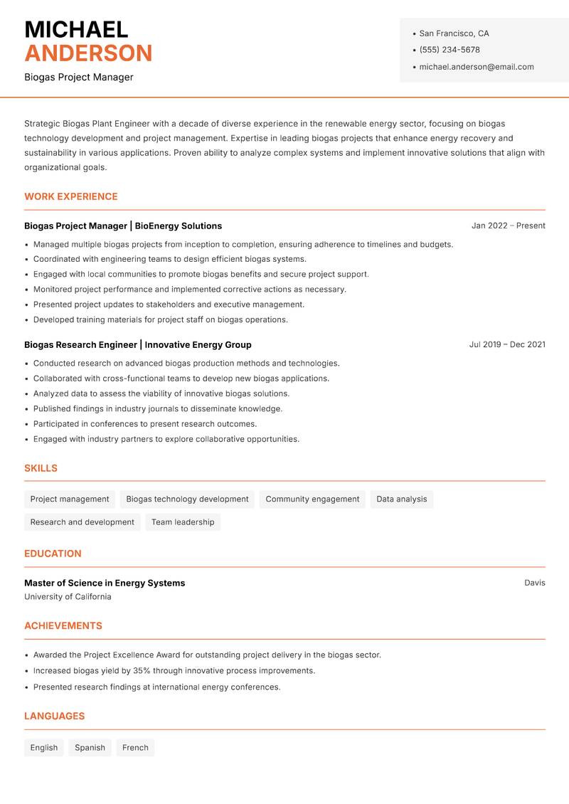 Biogas Plant Engineer resume sample — Biogas Project Manager focus