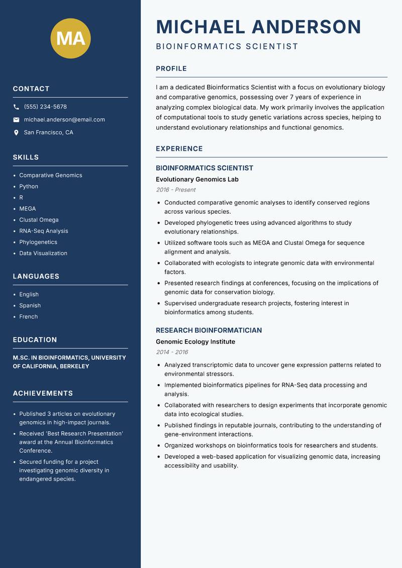 Bioinformatics Scientist resume sample — Bioinformatics Scientist focus