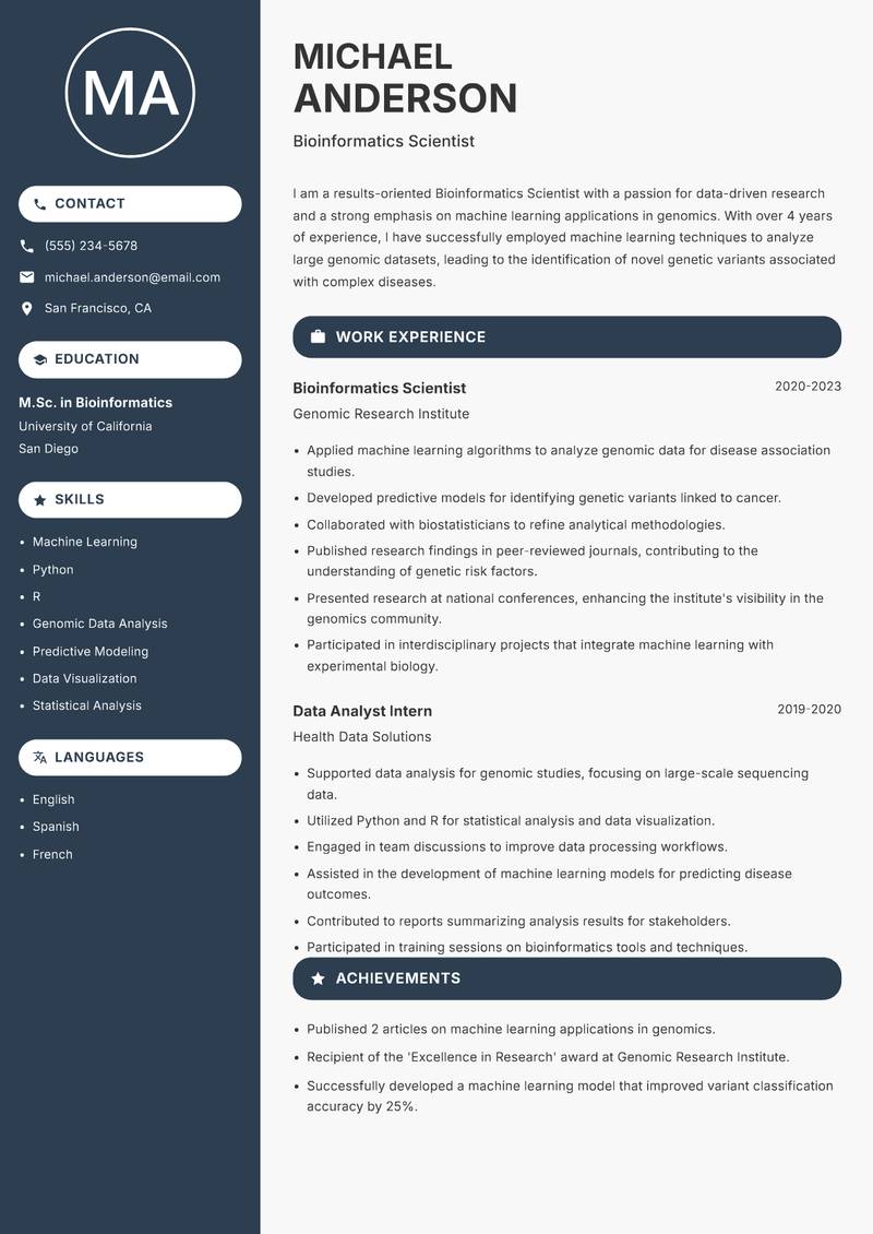 Bioinformatics Scientist resume sample — Bioinformatics Scientist focus
