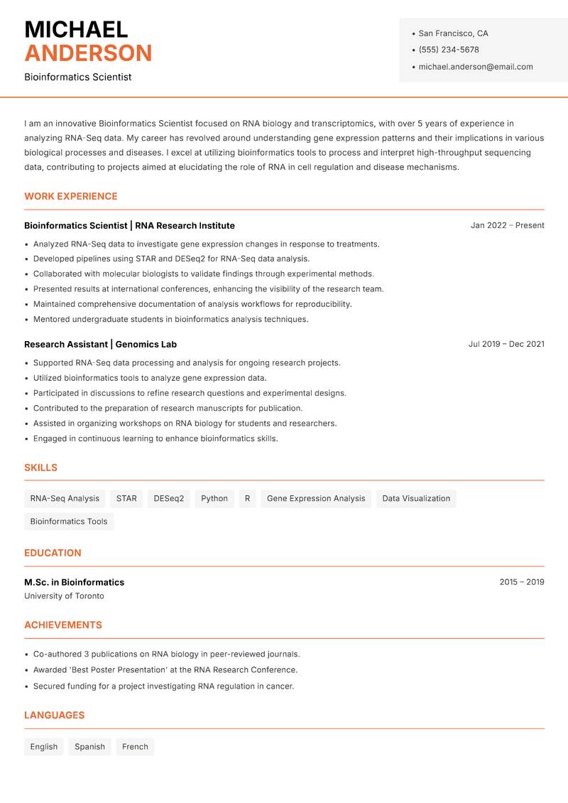 Bioinformatics Scientist resume sample — Bioinformatics Scientist focus