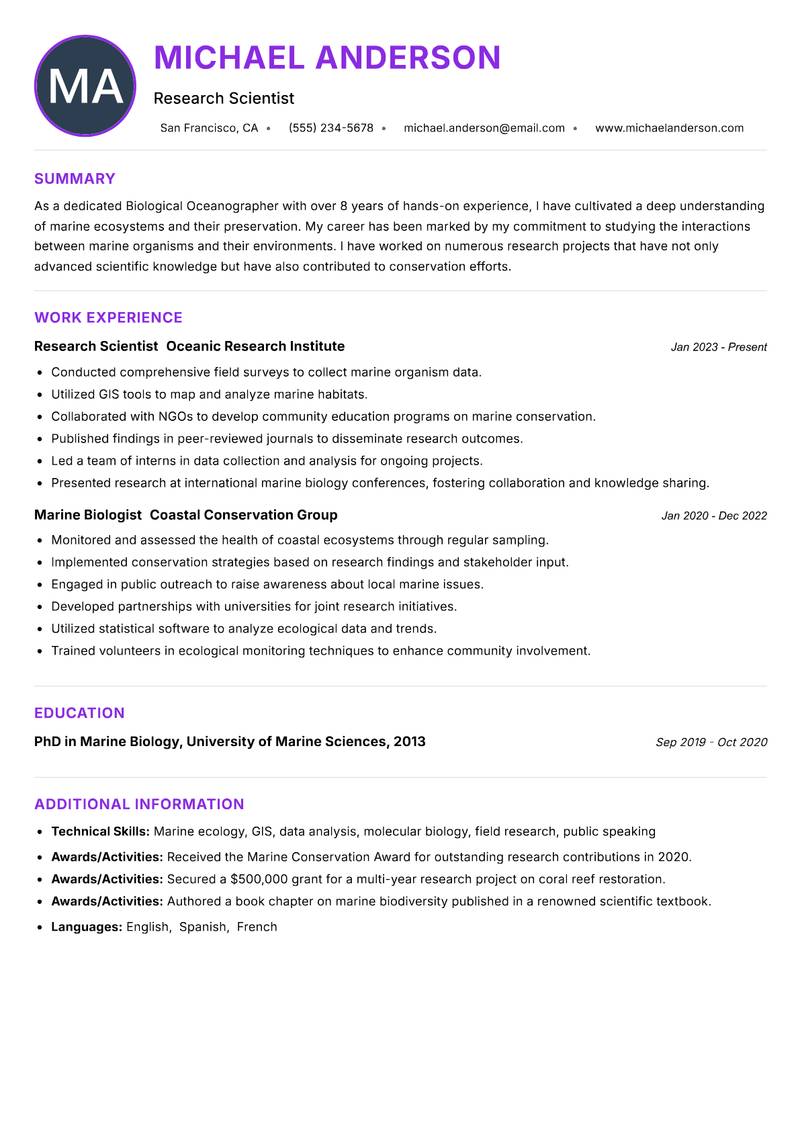 Biological Oceanographer resume example