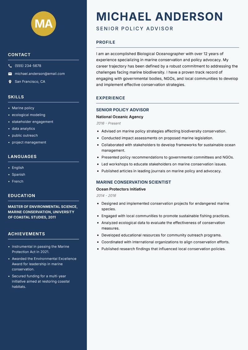 Biological Oceanographer resume sample — Senior Policy Advisor focus
