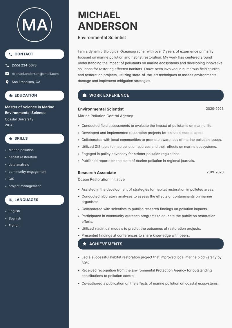 Biological Oceanographer resume sample — Environmental Scientist focus