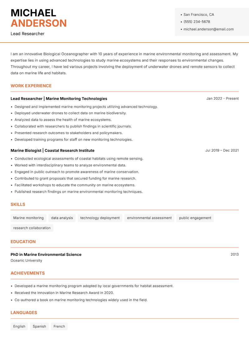 Biological Oceanographer resume sample — Lead Researcher focus