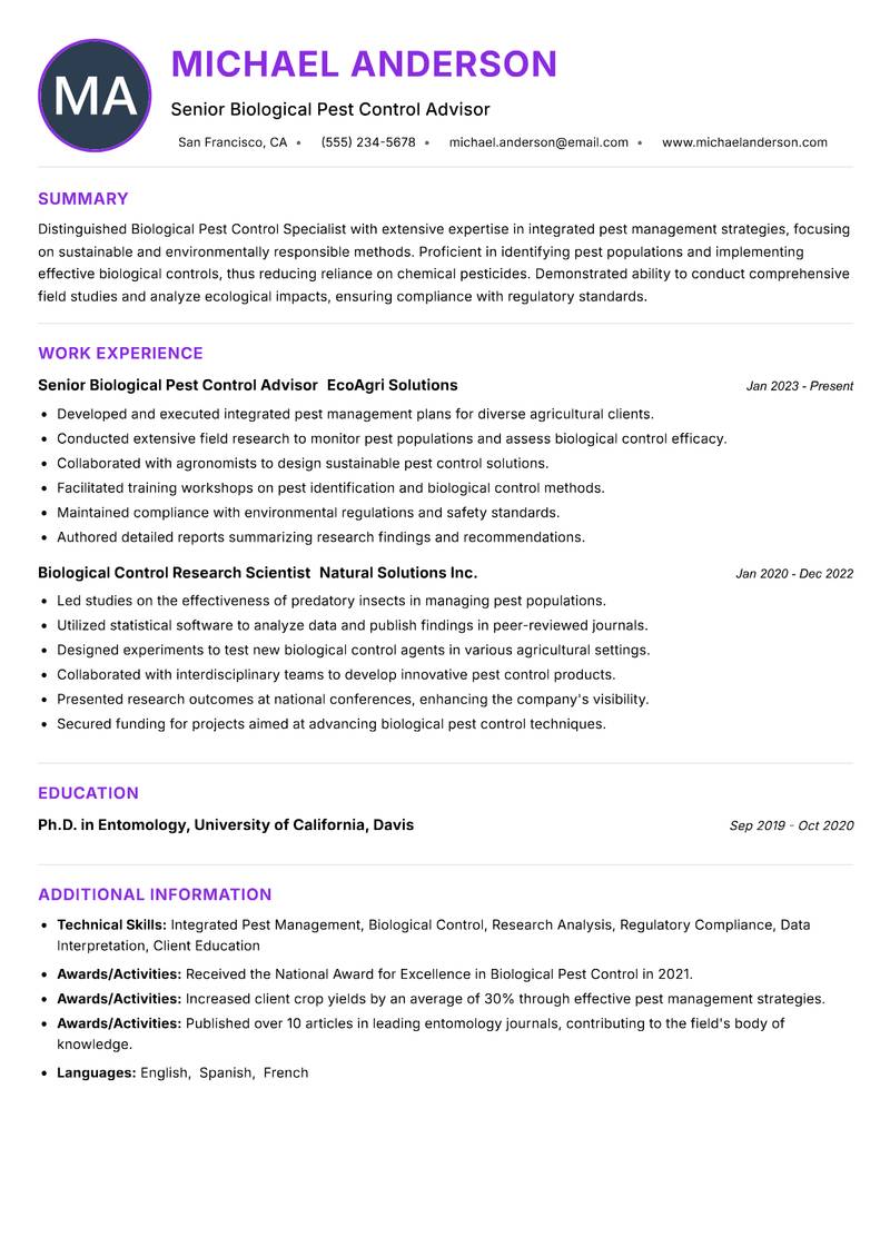 Biological Pest Control Specialist resume example