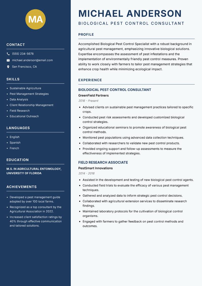 Biological Pest Control Specialist resume sample — Biological Pest Control Consultant focus