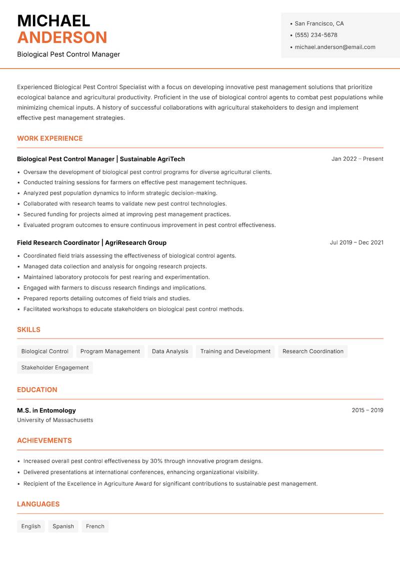 Biological Pest Control Specialist resume sample — Biological Pest Control Manager focus