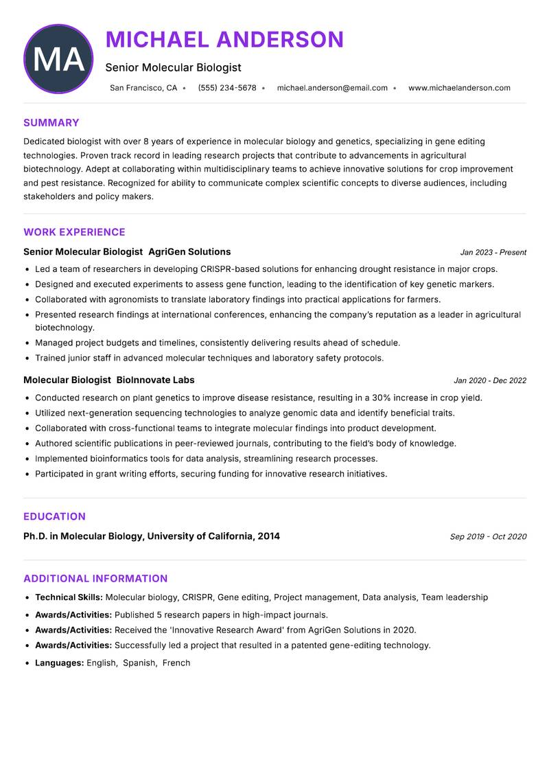 Biologist resume example