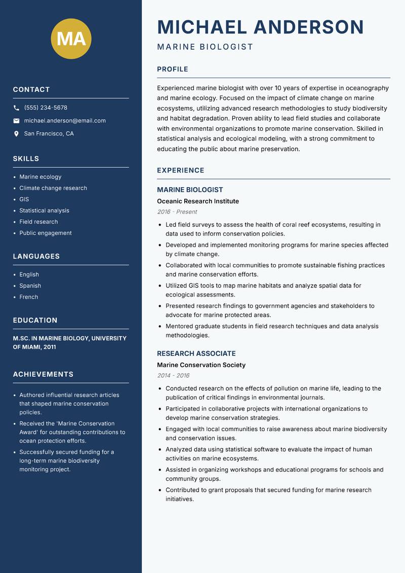 Biologist resume sample — Marine Biologist focus