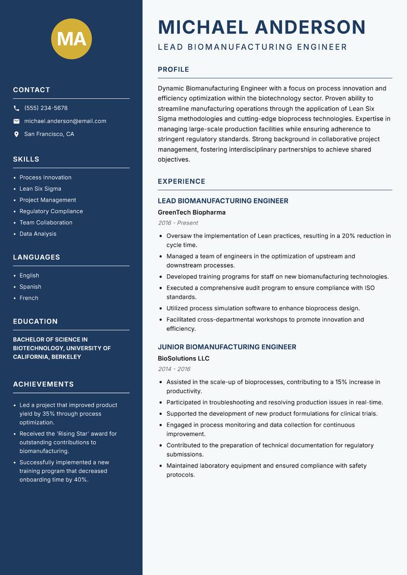 Biomanufacturing Engineer resume sample — Lead Biomanufacturing Engineer focus