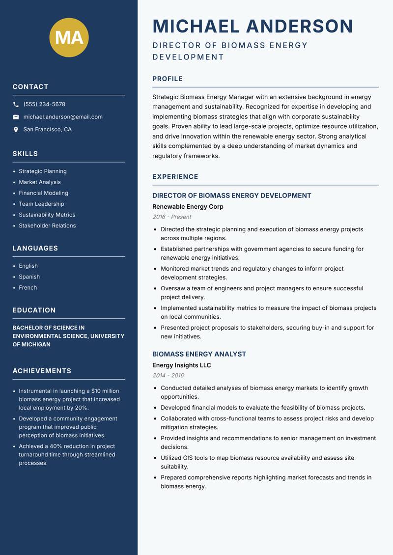 Biomass Energy Manager resume sample — Director of Biomass Energy Development focus