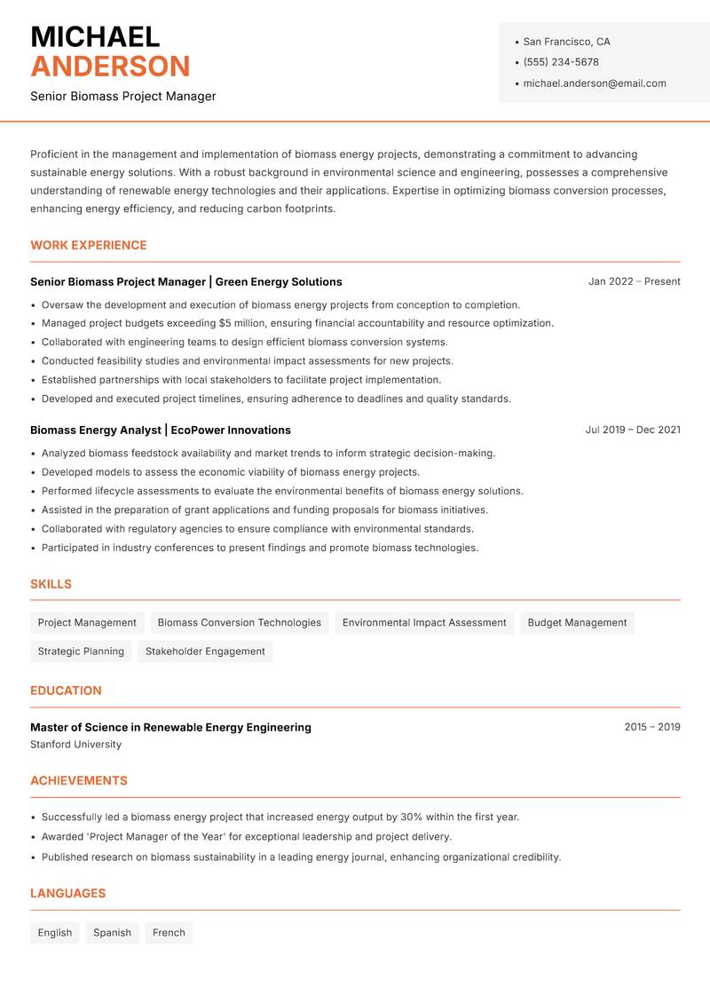 Biomass Energy Manager resume sample — Senior Biomass Project Manager focus