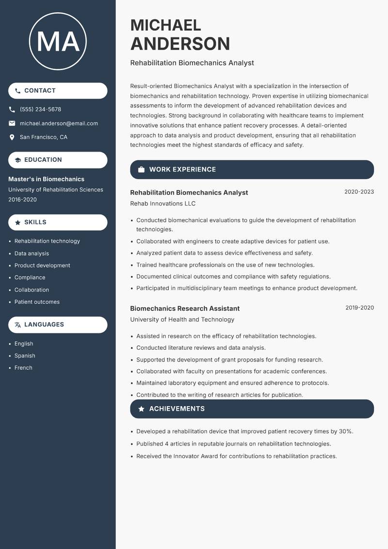 Biomechanics Analyst resume sample — Rehabilitation Biomechanics Analyst focus