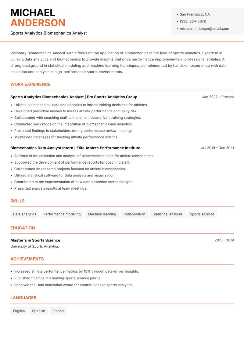 Biomechanics Analyst resume sample — Sports Analytics Biomechanics Analyst focus