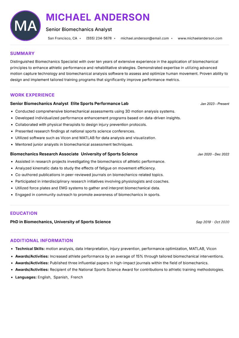 Biomechanics Specialist resume example