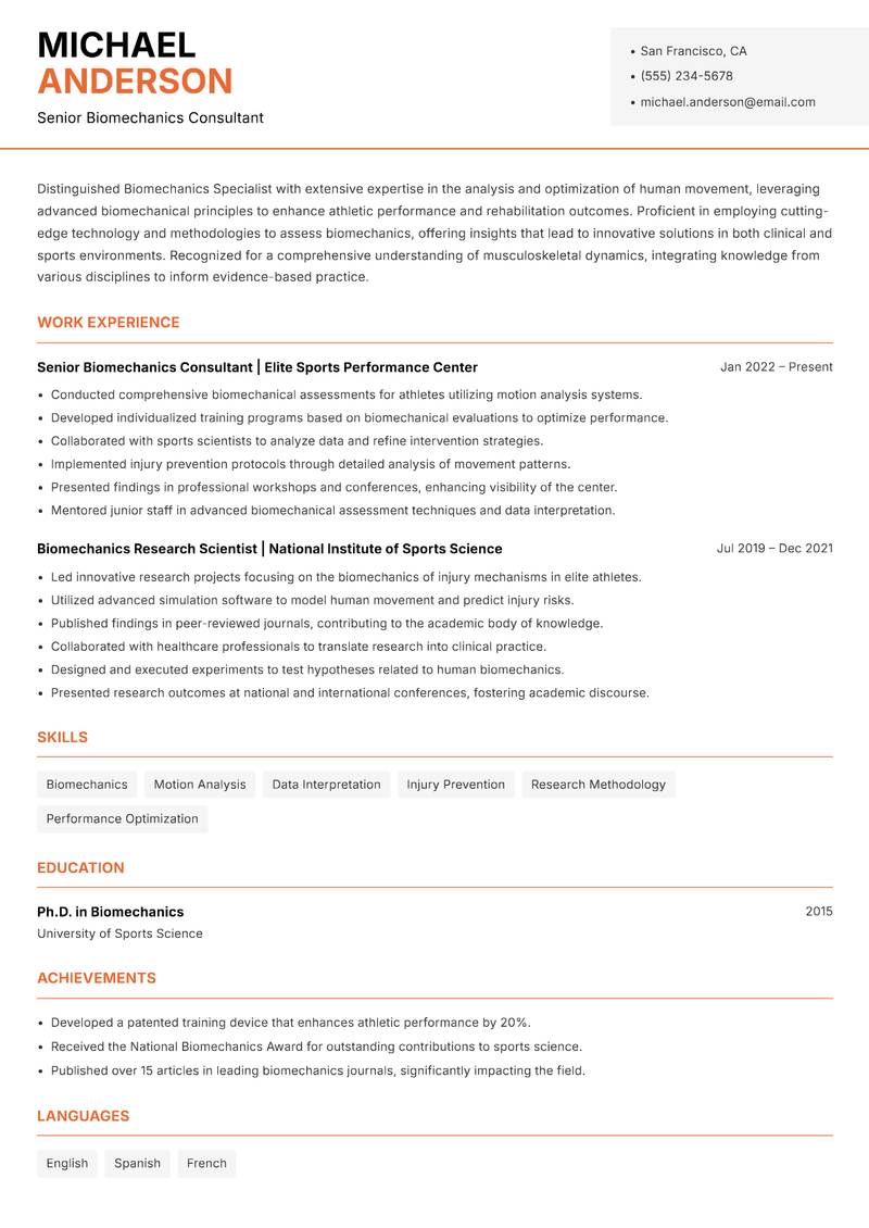 Biomechanics Specialist resume sample — Senior Biomechanics Consultant focus