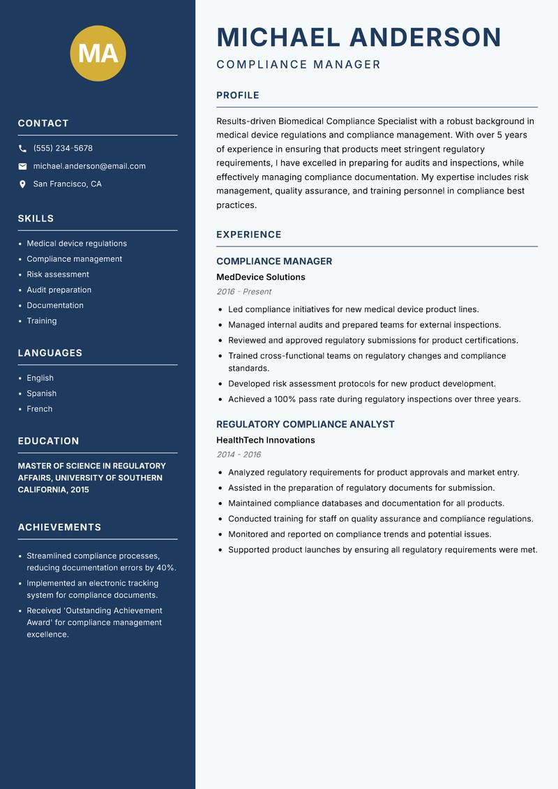 Biomedical Compliance Specialist resume sample — Compliance Manager focus