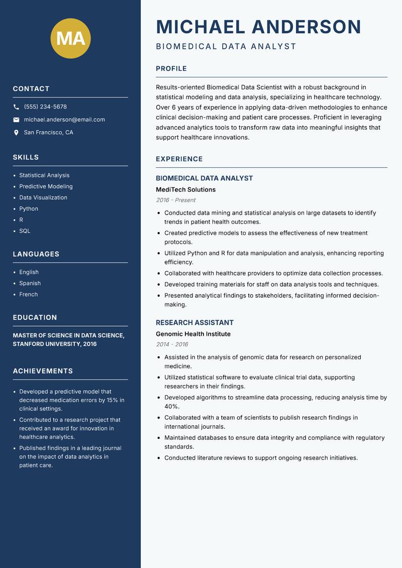 Biomedical Data Scientist resume sample — Biomedical Data Analyst focus