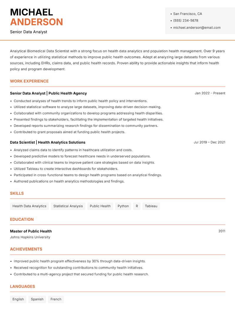 Biomedical Data Scientist resume sample — Senior Data Analyst focus