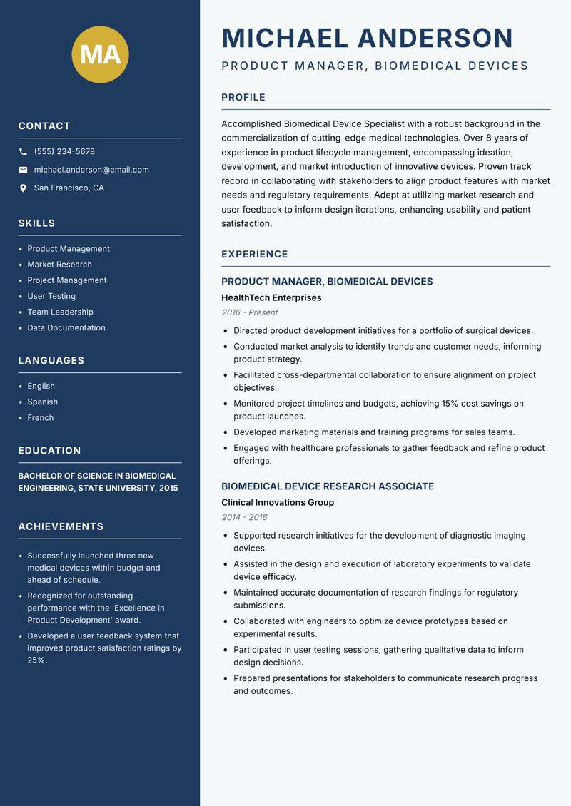 Biomedical Device Specialist resume sample — Product Manager, Biomedical Devices focus