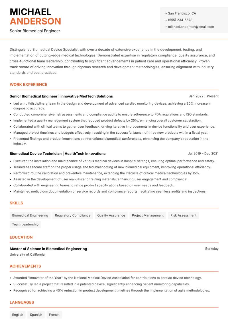 Biomedical Device Specialist resume sample — Senior Biomedical Engineer focus