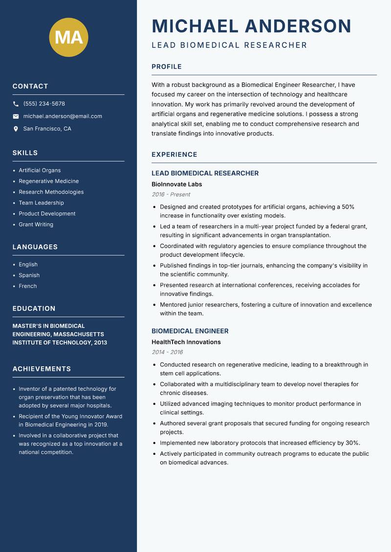 Biomedical Engineer Researcher resume sample — Lead Biomedical Researcher focus