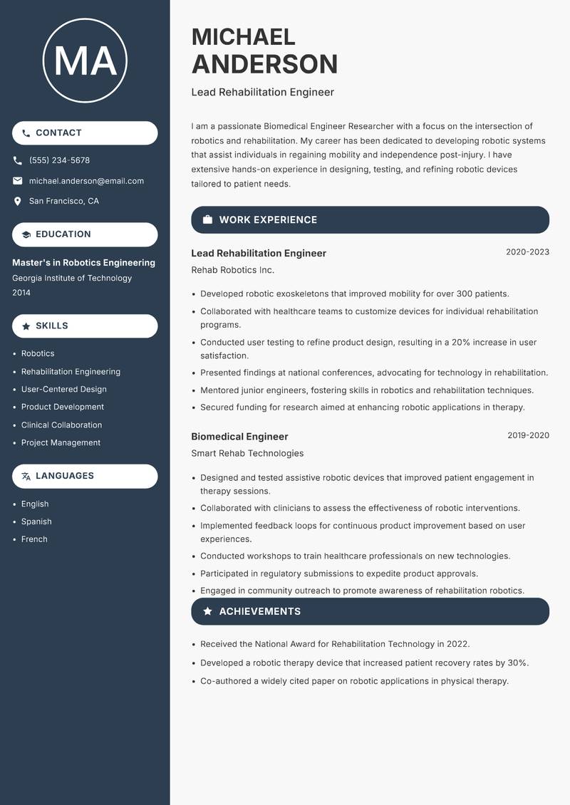Biomedical Engineer Researcher resume sample — Lead Rehabilitation Engineer focus