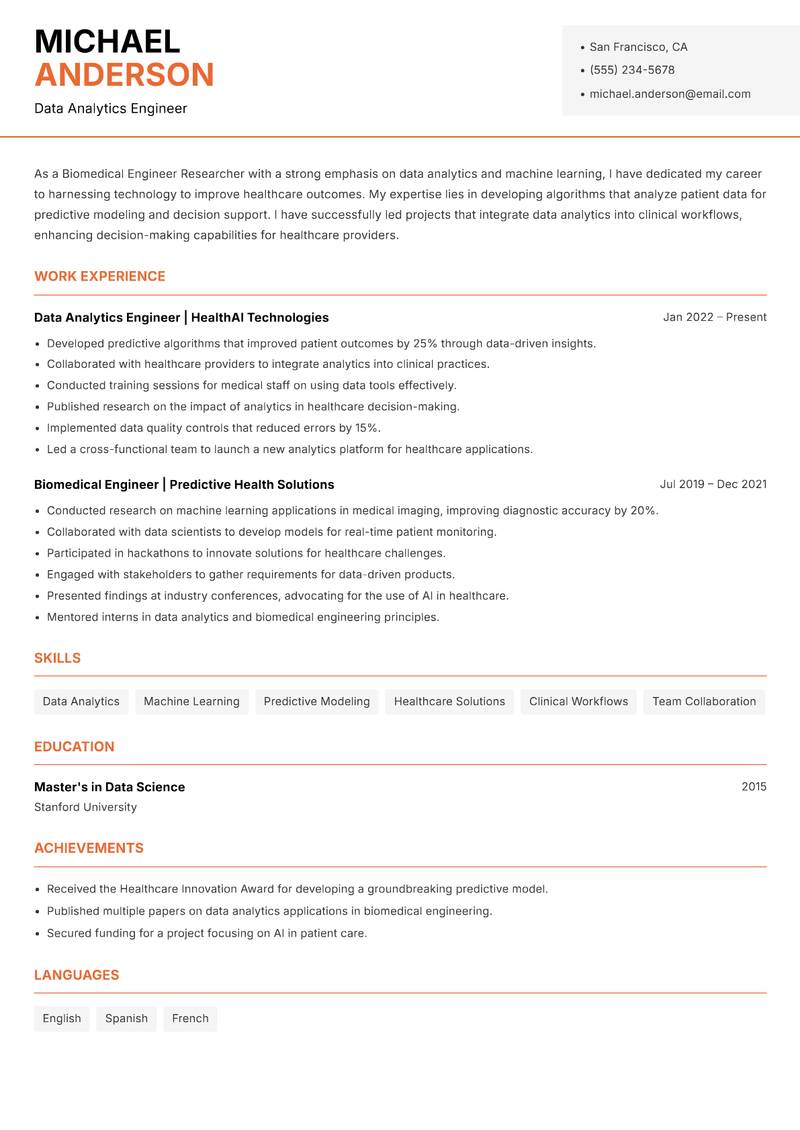 Biomedical Engineer Researcher resume sample — Data Analytics Engineer focus