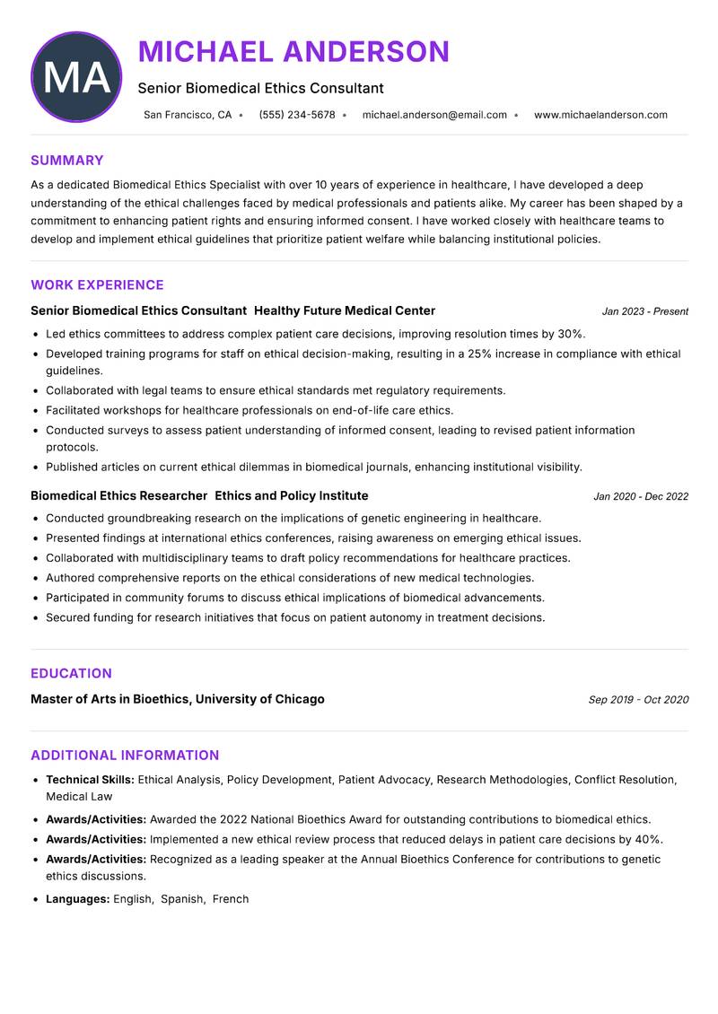 Biomedical Ethics Specialist resume example