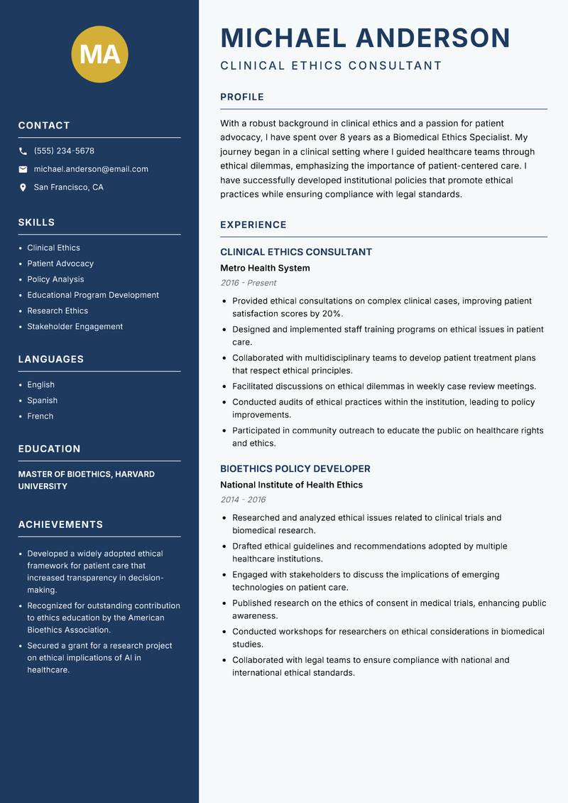 Biomedical Ethics Specialist resume sample — Clinical Ethics Consultant focus