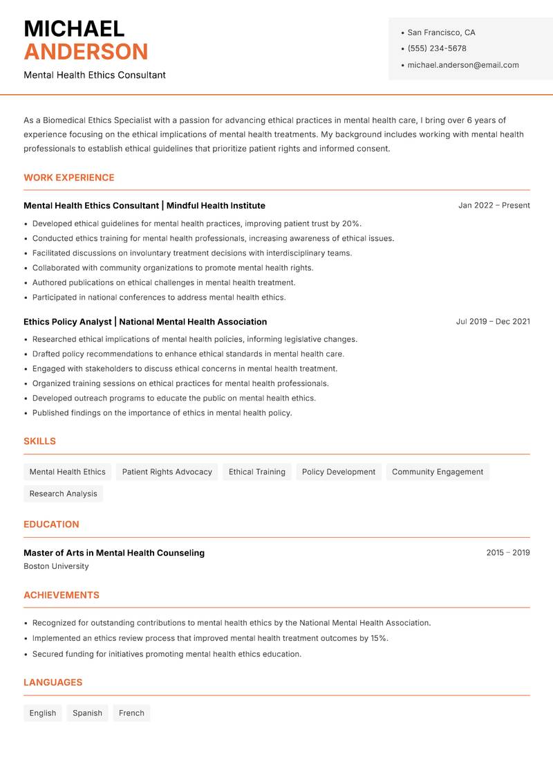 Biomedical Ethics Specialist resume sample — Mental Health Ethics Consultant focus