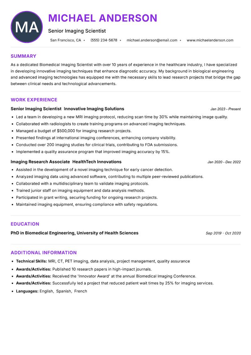 Biomedical Imaging Scientist resume example
