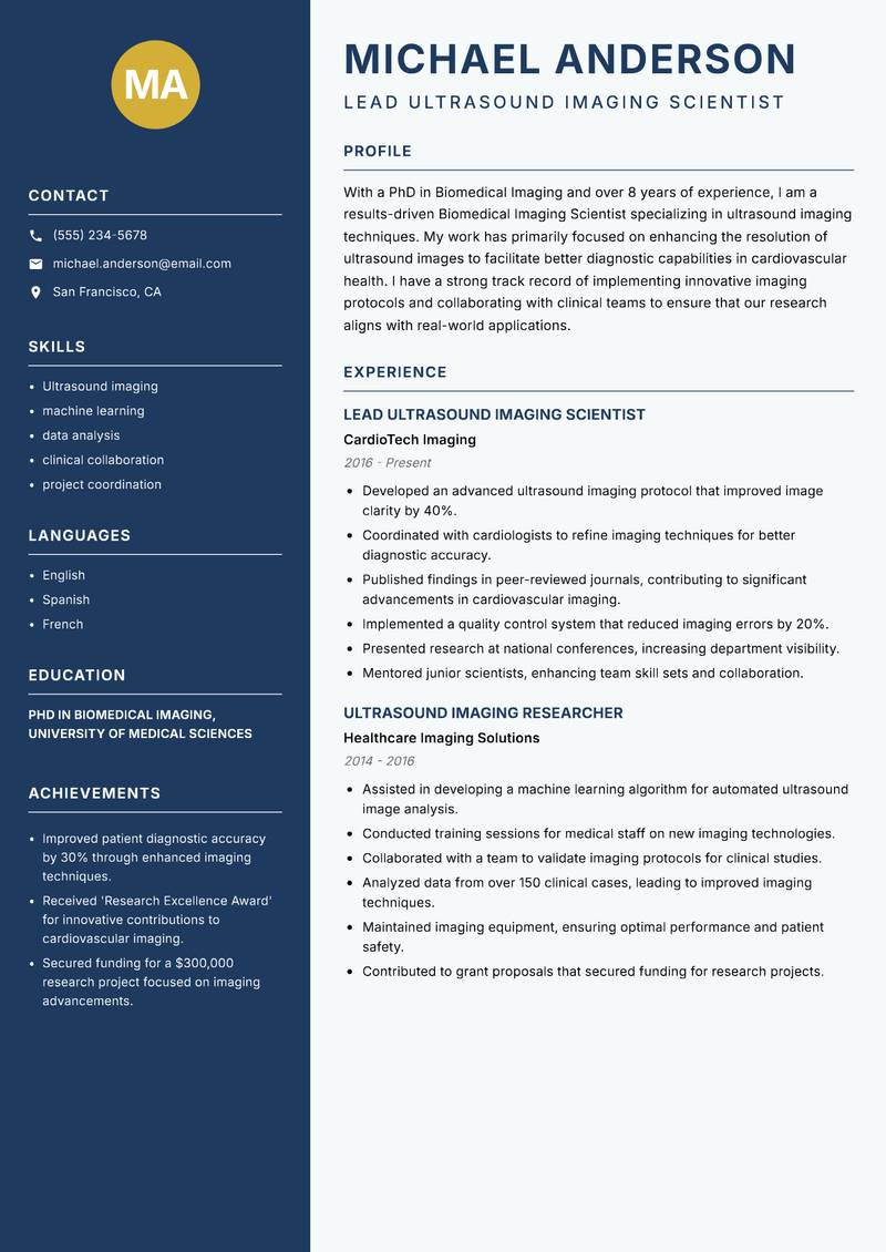 Biomedical Imaging Scientist resume sample — Lead Ultrasound Imaging Scientist focus