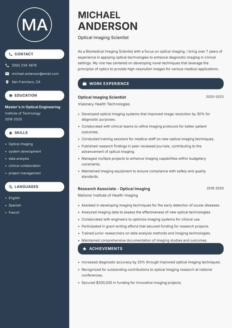 Biomedical Imaging Scientist resume sample — Optical Imaging Scientist focus