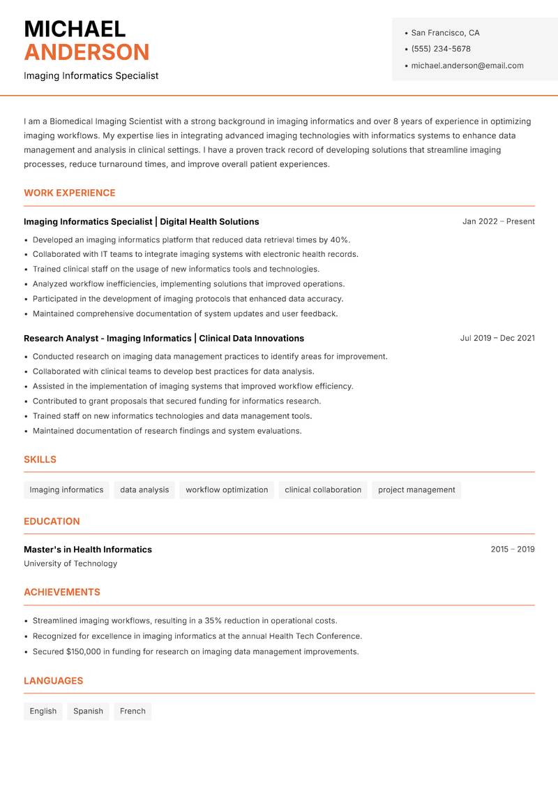 Biomedical Imaging Scientist resume sample — Imaging Informatics Specialist focus
