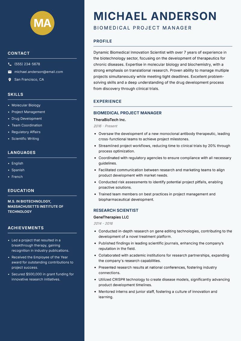 Biomedical Innovation Scientist resume sample — Biomedical Project Manager focus