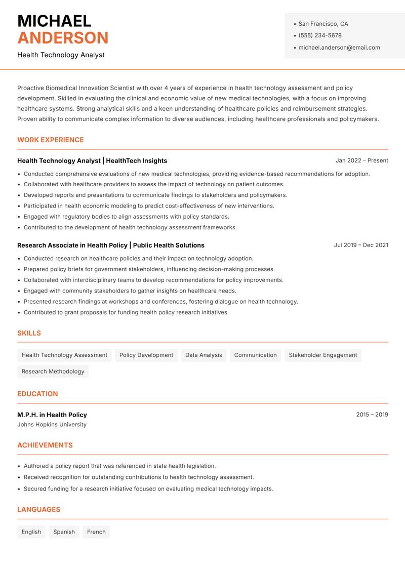 Biomedical Innovation Scientist resume sample — Health Technology Analyst focus