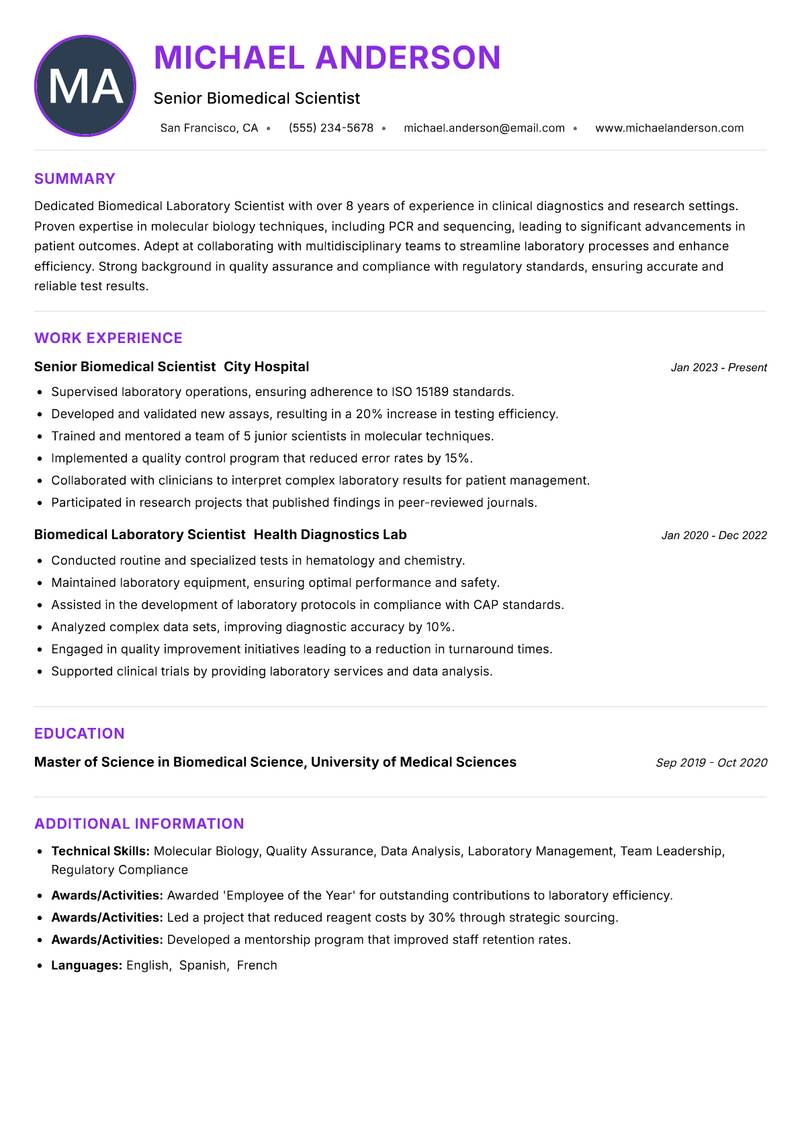 Biomedical Laboratory Scientist resume example