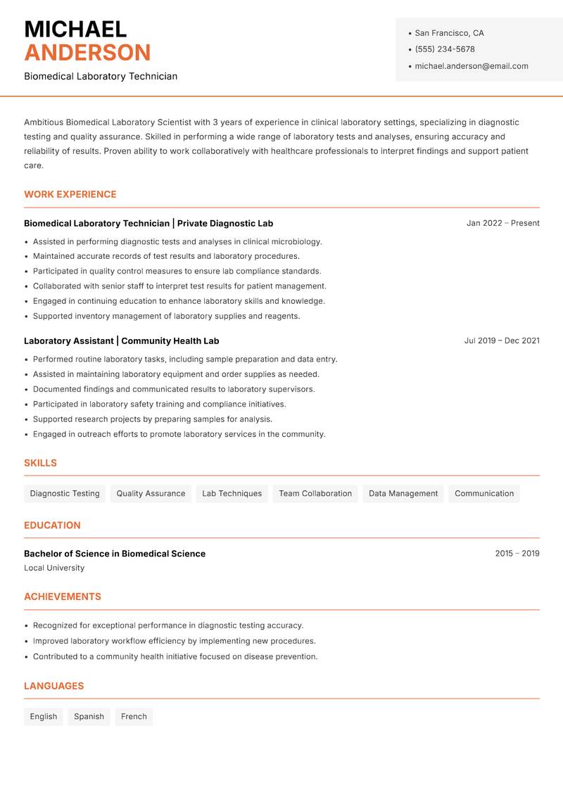 Biomedical Laboratory Scientist resume sample — Biomedical Laboratory Technician focus