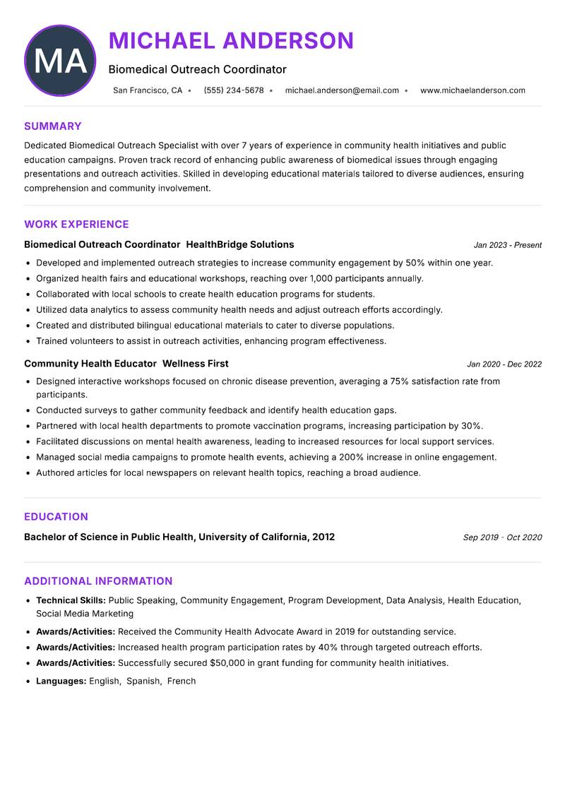 Biomedical Outreach Specialist resume example